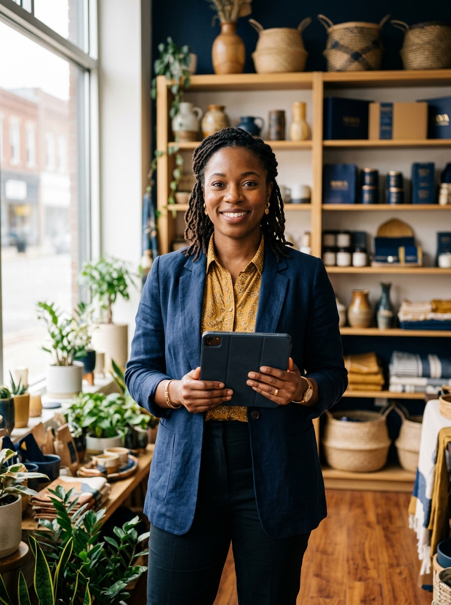 A small business owner holding a tablet in her shop