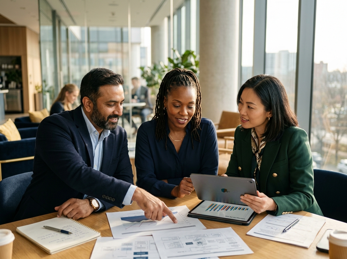 Three business partners reviewing a growth plan together around a table